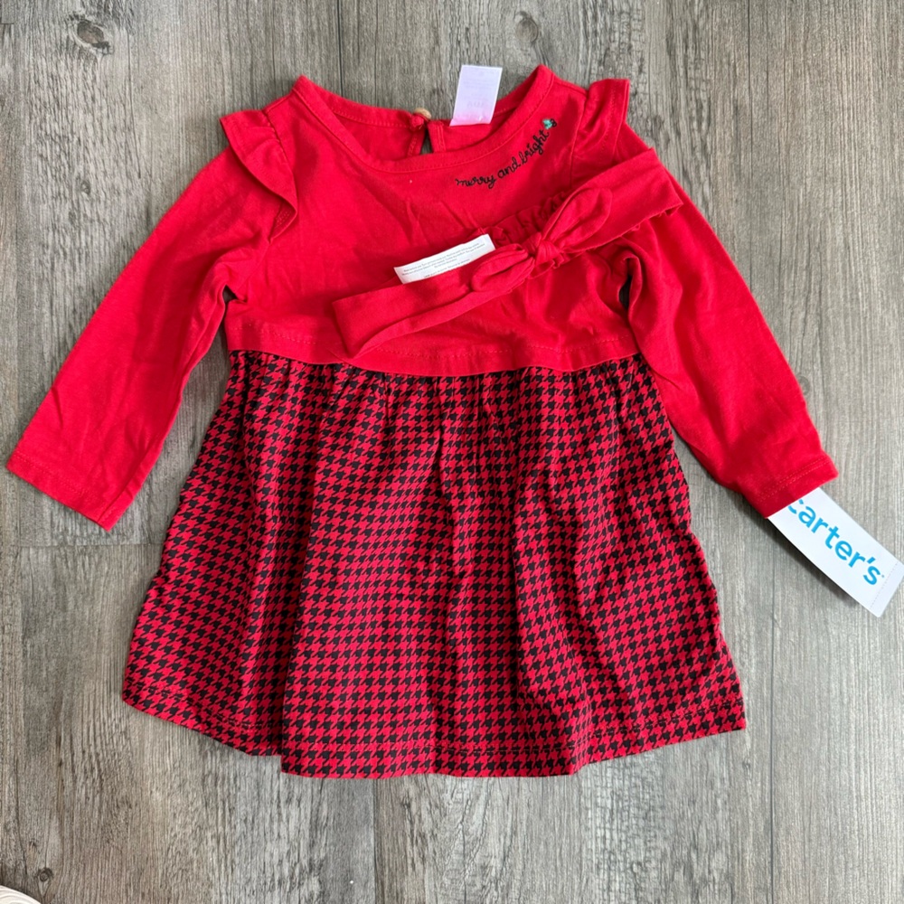 Carter's Red Houndstooth Holiday Dress with Matching Headband